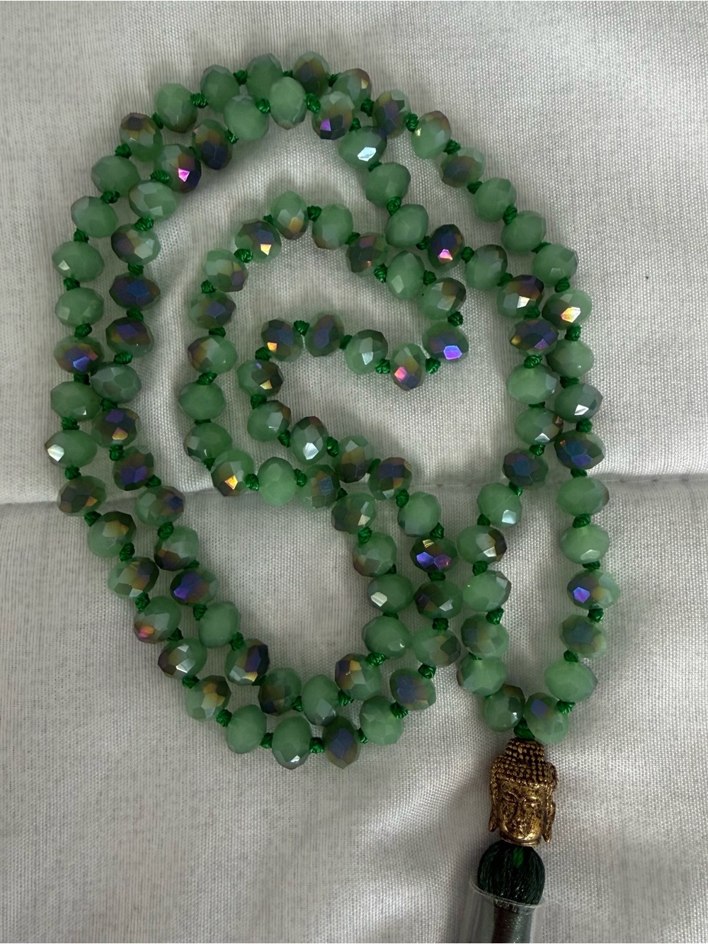 Green Faceted 108 Mala Bead Necklace with Gold Buddha Pendant